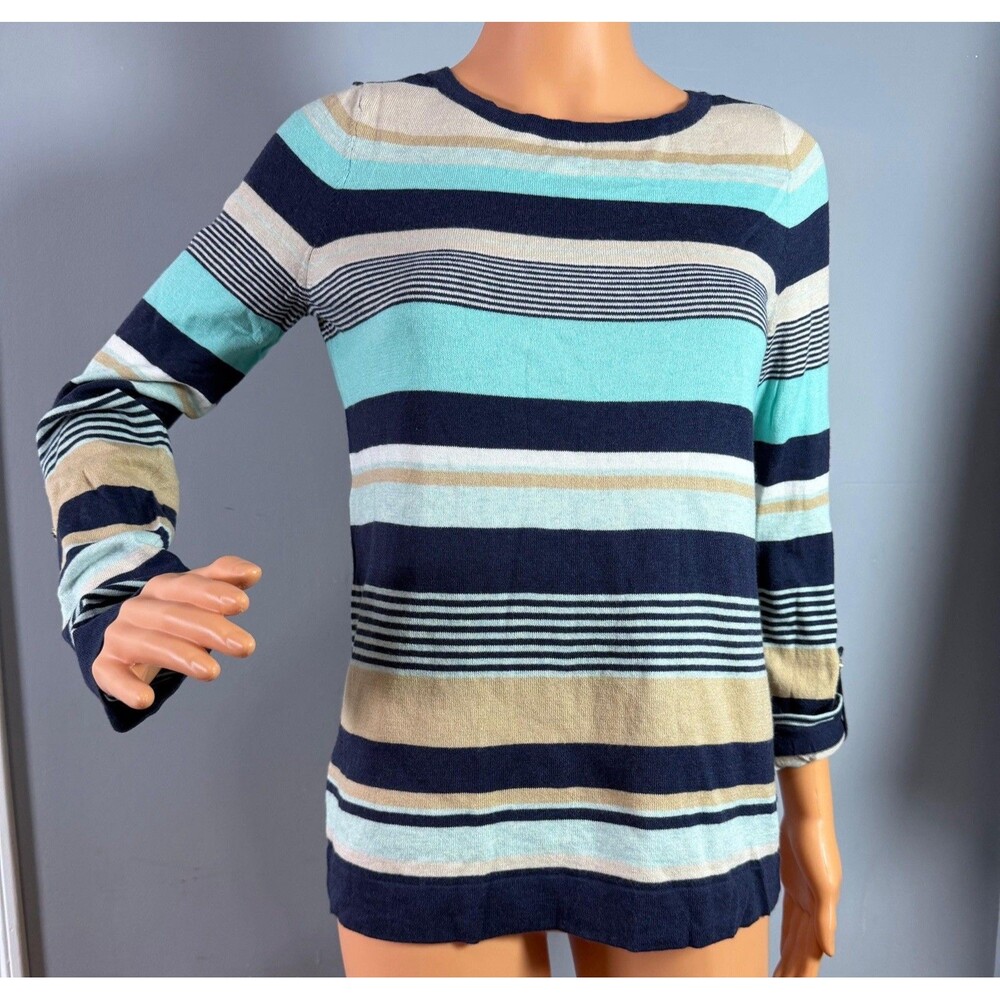 Charter Club Sweater Womens Small S NWT Blue Striped Cotton Blend Crewneck Pullo - Picture 1 of 8